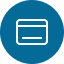 Icon of a white rectangular card outline with a single horizontal line, set against a solid dark blue circle.