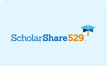 The ScholarShare 529 logo features the text "ScholarShare" in blue and "529" in orange, with a graduation cap icon (blue and dark blue) placed above the 529.