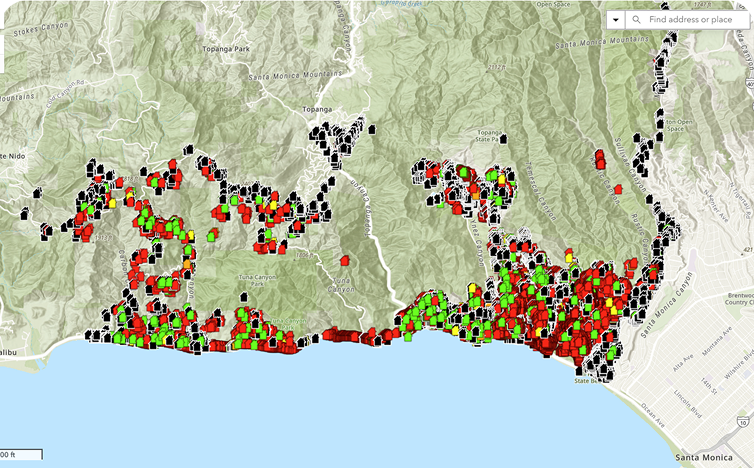 Geographic map of the Santa Monica Mountains coastline, showing numerous color-coded data points (red, green, yellow, and black markers) clustered heavily near the coastline and canyons.