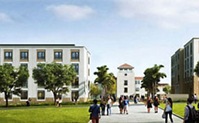 Architectural rendering of a college campus quad, featuring multi-story dormitory buildings and a central tower, with students walking across a path bordering a green lawn.